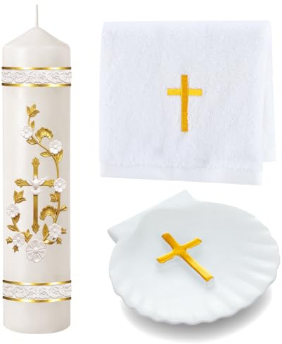 Lyrow Baptism Candle Set Complete Christening Gift Kit with Shell, Candle & Towel, White Gold Communion for Baptism, First Holy Communion, Catholic Sacraments(Vintage)
