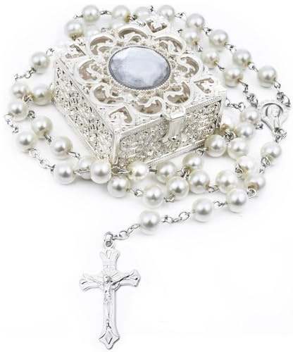 LQTSLFM Rosarios de Comunion con Caja, Rosarios de Comunion Unisex, Rosary Necklace en Caja Metálica, Recuerdos Bautizo Rosario para Familiares, Personas Mayores, Seres Queridos (Blanco)