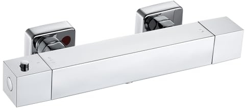Auralum Miscelatore Termostatico Doccia Cromato Rettangolare, Rubinetto Doccia da Muro Esterno, Miscelatore Doccia con Deviatore per Asta Doccia Saliscendi con Soffione e Doccetta, per Vasca da Bagno
