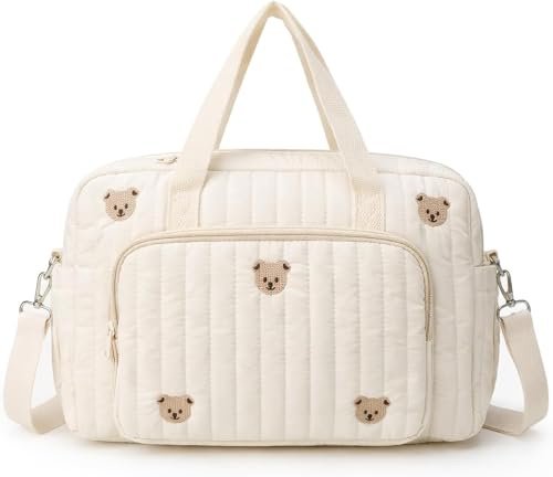 FARYODI Skötväska för nyfödda, stor sjukhusväska för mammor, mammaväska av bomull med björnbroderi, axelväska för födelse, resor, barnvagn och blöjbyte, beige, 35 x 10 x 29 cm