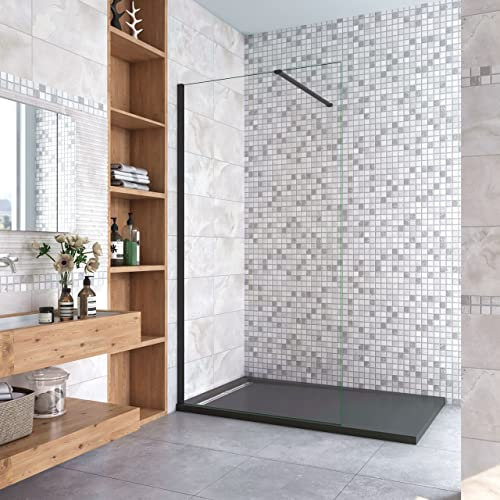 Parete Fissa Doccia Walk In 60x200cm in Vetro 8 mm Temperato Trasparente Anticalcare Con Barra Stabilizzatrice da 90 cm Tagliabile Profilo Nero Opaco