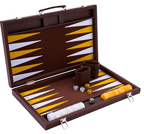 Engelhart - 250525 - Grand Jeu Backgammon 18 Pouces de Luxe (45,5 cm) - Marron - Feutre Haute Qualité - Dés et Pions Nacrés - Valise Recouverte de Mousse et Simili Cuir - Jeux de Backgammon