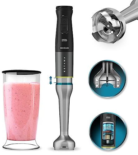 Cecotec Batidora de Mano Katana 15 TotalDestroy Jar G. 1500 W, 21 Velocidades y Turbo, Sistema de Dobles cuchillas, 4 hojas con Titanio Negro, Campana Antisalpicaduras, Vaso 800 ml