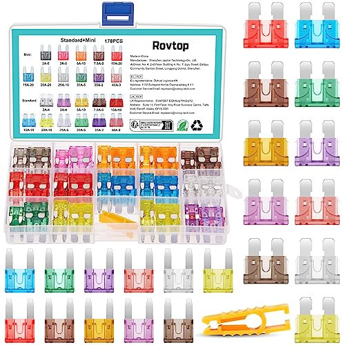 Rovtop 178Pcs Kfz Sicherungen Set, 111 Mini Flachsicherungen +67 Standard Autosicherungen (2A/3A/5A/7, 5A/10A/15A/20A/25A/30A/35A/40A) Automotive Sicherung für Auto/LKW/Motorrad/Boot, Gemischt