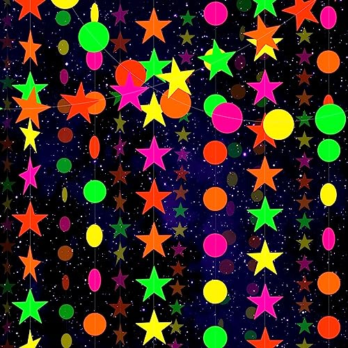 Qpout Guirnalda de Papel Neón - Círculos, Puntos, Estrellas, Serpentinas Colgantes - Resplandor en la Oscuridad, Banners Fluorescentes para Fiesta Disco de Cumpleaños