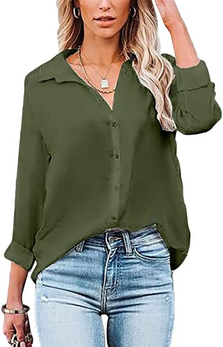 Womens Blouse Casual Long Sleeve Shirt Tops V Neck Button Down Shirts Basic Loose Tunic T Shirts (M, Green-1)
