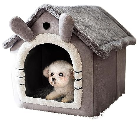 GA COMMUNICATIONS Dog House Indoor, Foldable Cat Cave Bed, Comfortable Warm Sleeping Beds for Cats & Dogs With Non-Slip Bottom, Washable Pet Bedding for Medium Dogs (Grey, Medium)
