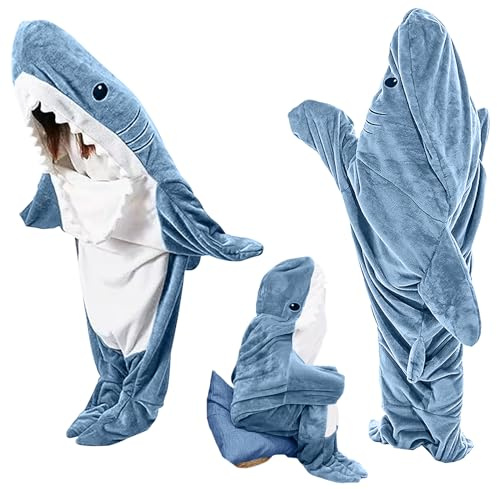 Ambitelligence Shark Blanket Hoodie Onesie for Adults and Kids, Cozy Flannel Wearable Shark Blanket Costume Sleeping Bag Grey
