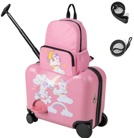 SOARS Kinderkoffer & Rucksack 18”+12”, Reisekoffer mit Rollen & Teleskopgriff, Trolley Kinder, Kindergepäck, Hartschalenkoffer, Kindertrolley für Jungen und Mädchen (Einhorn B)