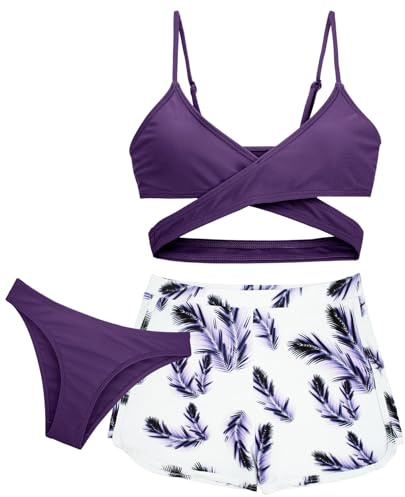 Maeau - Badkläder för flickor bikini baddräkt 3-delat set ärmlöst badbyxor för flickor simbassäng strand - 8–14 år, Lila, 14 år