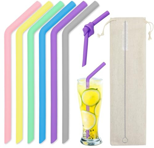 PIWOSGOL 6 pezzi Cannucce Silicone, 26x1cm Cannucce Riutilizzabili, Lunghe Multicolore Cannucce Bambini con Spazzola per Pulizia e Borsa, Senza BPA, Cannucce Silicone per Bambini e Adulti