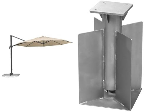 Schneider Sonnenschirm Rhodos Grande, natur, 400 cm rund, 789-02 & Universal-Bodenanker für Ampelschirme, 897-50, zum Eingraben oder Einbetonieren, 8.4 kg, silbergrau
