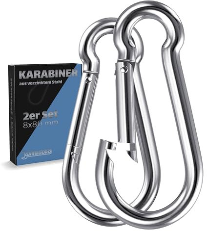 GARSIDURO® Karabinerhaken | 2er Set 8x80 mm | Karabiner Stahl verzinkt DIN 5299 | Feuerwehr-Karabiner mit Schnappverschluss geeignet als Schlüsselanhänger oder für Schwerlast und Hundeleine Wohnwagen