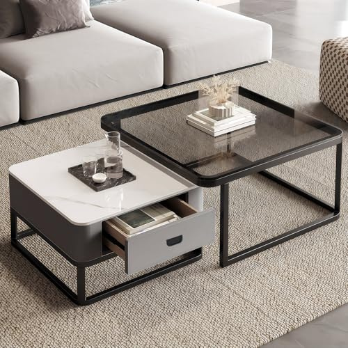 MJKCBD Coffee Table Set of 2, Stacking End Side Tables with Square Glass and Marble Top, Sofa Tea Table with Storage Drawer for Living Room Home Office, Grey