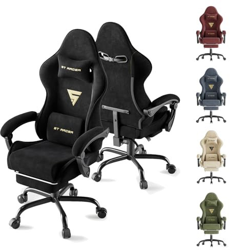 Ferghana Ergonomischer Gaming Stuhl mit Kopf- und Fusttze - Hochwertiger PC Stuhl Chefsessel in Stoff, ideal fr Bro und Gaming, Schwarz