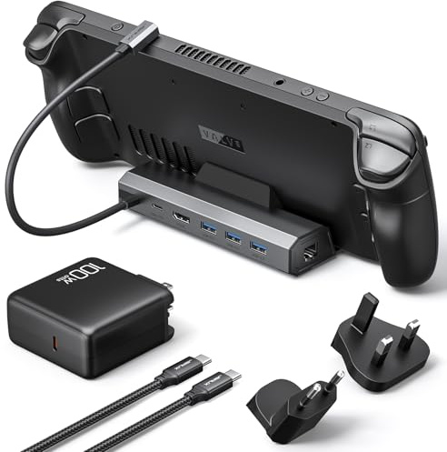 JSAUX 4K@120Hz dockningsstation och laddare 100W, för ROG Ally X/Steam Deck | 6-i-1-station för Legion Go (S) med HDMI, Gigabit Ethernet, 3 USB 3.0-portar och 100 W snabbladdare-HB0603