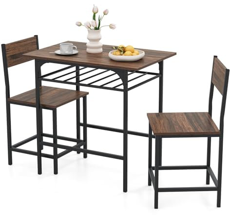 COSTWAY 3 Piece Dining Table Set, Breakfast Bar Table Set with 2 Chairs and Storage Rack, Space Saving Counter Dining Table and Chairs for Home Kitchen Cafe Pub (Rustic Brown)