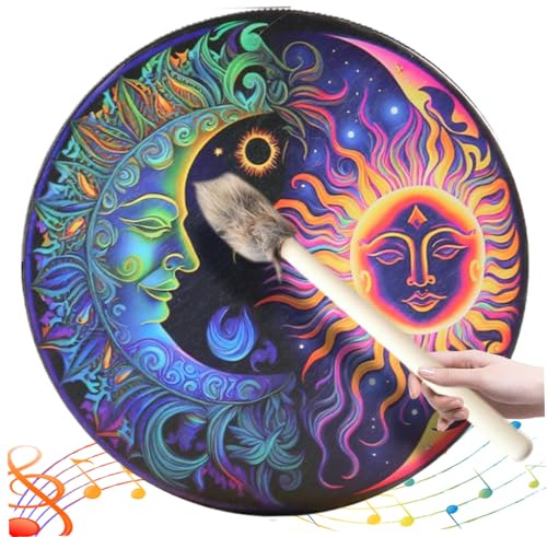 Handtrumma, 10-tums shaman-trumma med 1 par pinnar, instrumentell sol- och månmönster ljudeffekter shamanisk buffel för andlig musik, reflektionsmeditation
