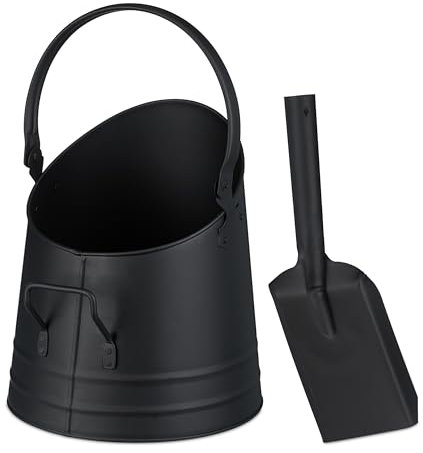 Relaxdays Cubo Cenizas, Pala, Asa y Agarre, 6,5 L, Pellets, Briquetas, Accesorios Chimenea, Recipiente Carbón, Negro, Hierro