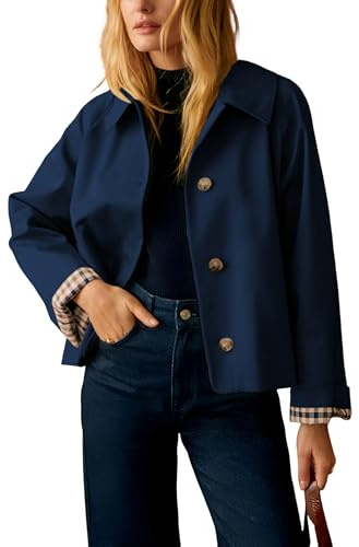 Dqbeng Womens Cropped Trench Coat Classic Collar Oversized Casual Jackets with Checkered Lining