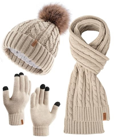 FURTALK Hat Scarf and Touchscreen Gloves Set for Women 3 in 1 Ladies Winter Beanie with Pom Pom Warm Fleece Lined, Khaki