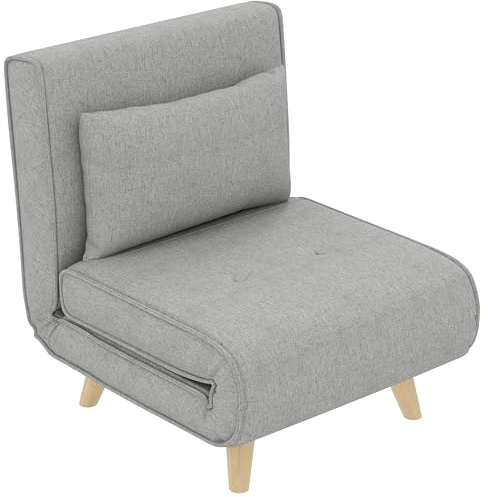 HOMCOM Sofá Cama de 1 Plaza 2 en 1, Sillón Cama Plegable con Respaldo Regulable en 6 Posiciones, Tapizado en Lino Sintético, Almohada y Patas de Madera, para Salón, Dormitorio, 72x78x79 cm, Gris