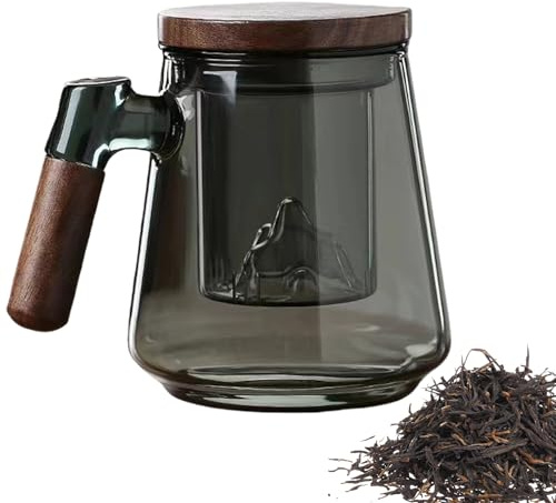 PORFOYO Tekopp i glas med lock och sil: stor Borosilikatglas tekopp, 500 ml, tekoppar med handtag i trä för fruktte, tepåsar, lösa te