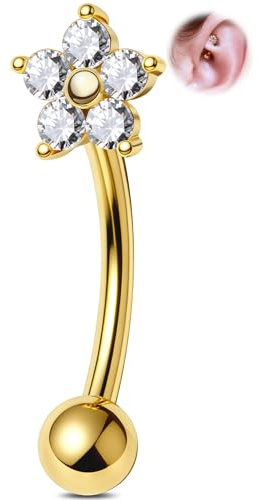 OUFER 16G 6mm Flower Rook Piercing Jewellery 316L Surgical Steel Curved Eyebrow Barbell Sparkling CZ Gold Helix Daith Labret Ring for Women