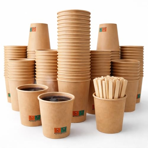 GASTROTOMI Vasos Cafe de 180 ml, con Paletinas Cafe Desechables de Madera – 200 Unidades, Vasos Desechables para Espresso, Degustaciones y Oficina – Vasos Carton Kraft – Pack de 200