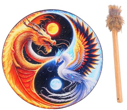 Baoblaze Shaman Drum Tambour Chamanique Rond Percussion Instrument Bois Bâton Objet Décoratif Adapté pour Célébration Rassemblement Cérémonie, Dragon et Phénix