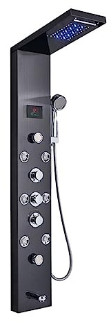 Digitalt duschsystem, Nylyxigt svart/borstat badrum duschkran， LED duschpanel ， Kolumn badkarsblandare med handdusch temperaturskärm LED-display duschkontroll(Black B)