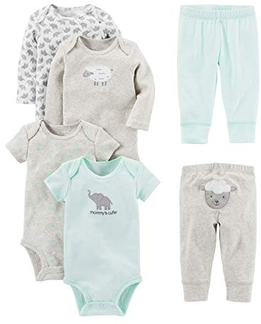 Simple Joys by Carter's - Conjunto de 6 piezas de body para bebé (manga corta y larga) y pantalones ,Gris (Gray Lamb) ,18 Months