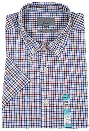 Mens Top UK Store 100% Cotton Short Sleeved Checked Shirt (M, Red & Blue Check)
