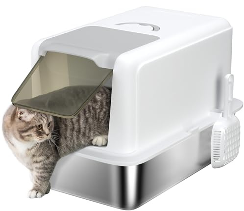 PawHut Katzenklo Edelstahl XXL Katzentoilette mit Deckel Katzentoilette mit Wanne, eingebauter Streufilter, Streuschaufel Cat Litter Box für große Katzen 40,5 x 60,5 x 41,5 cm Weiß