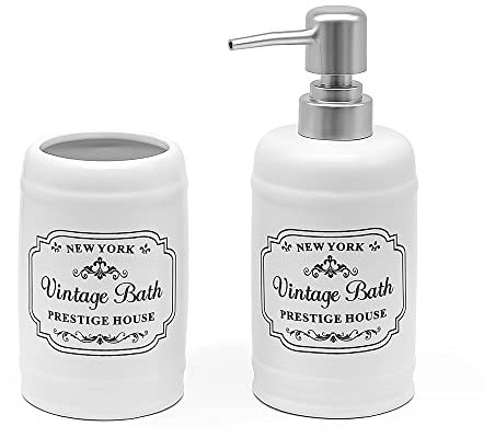 Inbagno Set Accessori Bagno in Ceramica Bianca con Stampe a Contrasto Nere, Stile Vintage, Completo di Dispenser Sapone e portaspazzolini