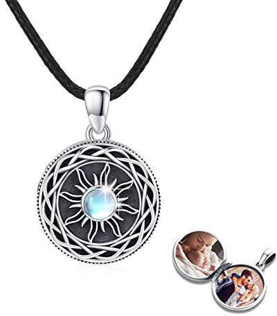 REDSUN Medaillon Kette 925 Sterling Silber Sonne Mondstein Medaillon Amulett Keltischer Knoten Anhänger Personalisierte Foto Kette Schmuck für Herren Sohn Jungen Damen Geschenker Damen
