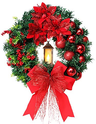Weihnachtskranz 40CM Künstlicher Türkranz Weihnachten, Adventskranz Weihnachtsgirlande mit LED Kerzenlaterne Bowknot Blume Weihnachtskugeln Beere für Haustür Kamin Wanddekoration Weihnachtsdekoration