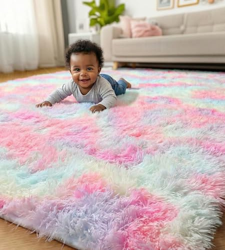 MARATIP Plyschmatta, fluffig rektangulär matta i stor storlek, modern, för barn och flickor, mjuk matta för sovrum/vardagsrum/barnrum (regnbåge, 160 x 230 cm) | Stor rektangulär matta som strukturerar hela vardagsrummet. Mjuk, isolerande, idealisk för familjens bostadsutrymmen