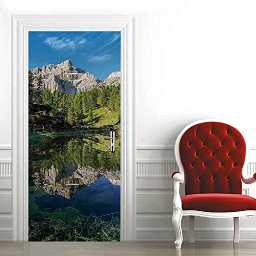 Adesivo Per Porta 3D Vista Lago E Alberi Verdi 80 X 200 Cm Murale Autoadesivo Decorazione Della Casa Adesivi Murali Camera Da Letto Soggiorno Rimovibile Poster Art Stickers-Carta Da Parati Fotografic