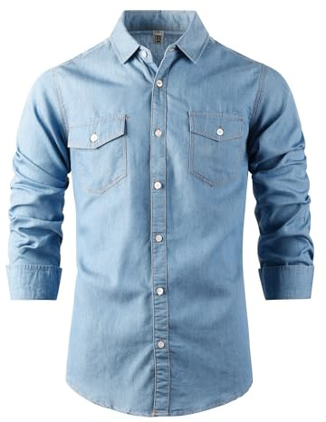Tianerhay Homme Manches Longues Chemise en Jean pour Boutonné à Western Décontracté Flip Pocket Top 1 Light Blue XL
