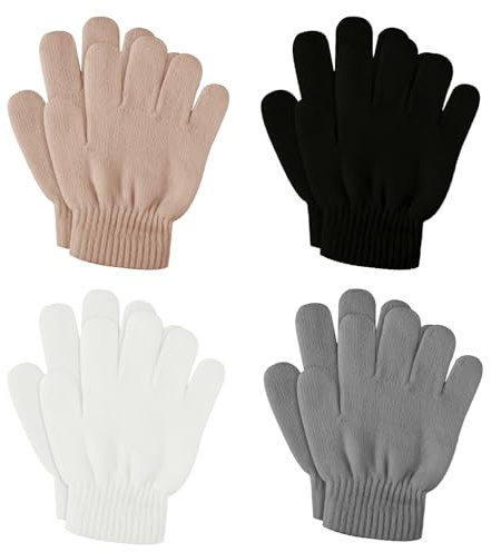 SATINIOR 4 Pares Guantes de Invierno de Punto Elástico Cálido para Niño (Negro, Blanco, Caqui, Gris, 4-10 años)