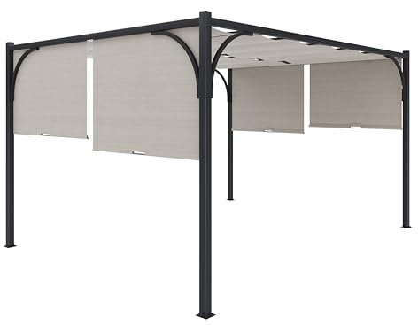 Pergola Gazebo 3x3 M Struttura Nera In Acciaio Pergolato Con Tetto Scorrevole Telo Impermeabile Richiudibile Retrattile Giardino Terrazzo Piscina Esterno Campeggio (3 x 3 M, Beige)
