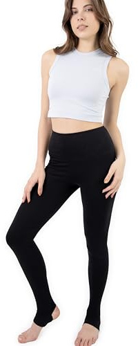 Evoni Damen Leggings High Waist aus Baumwolle I blickdichte Sporthose I Yoga Hose I Leggings mit Steg I Balett Hose I Fitness Hose lang schwarz L