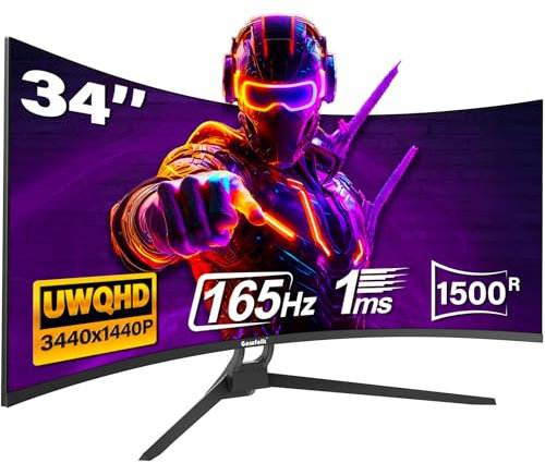 Gawfolk Gaming Curved Monitor 34 Zoll 165Hz, 1500R Ultrawide PC Bildschirm UWQHD 3440x1440P, Gebogenes Computerbildschirm, VA, Displayport, HDMI, VESA 75 * 75mm