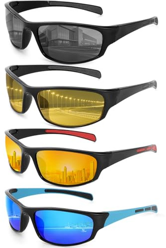 Beipegin 4 Pièces Lunettes de Soleil Homme Femme Sport, Lunette Velo Homme, Protection UV400 pour la Course à Pied, la Conduite, la Pêche et le Cyclisme