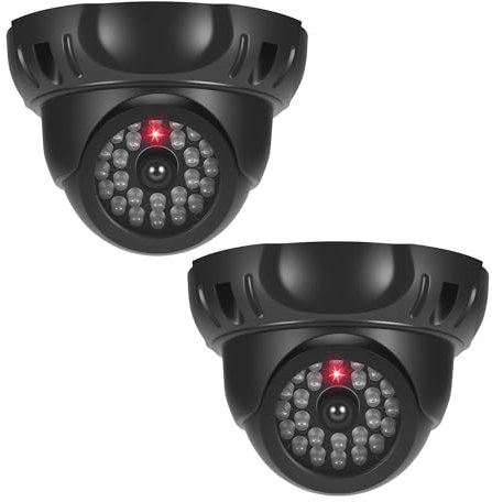 JIZZU Camera Factice, 2Pcs Caméra Factice Extérieure avec LED Rouge Clignotante, Fausse Camera Surveillance Exterieur avec 2Pcs Autocollants d'avertissement pour Exterieur et Intérieure (Noir)
