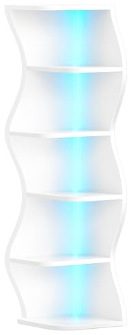 YATINEY Corner Bookshelf with LED Light, 6-Tier Corner Shelf, Wooden Vertical Display Shelf, Narrow Bookcase for Small Spaces, Study, Living Room, Bedroom, White XCJ30KDWT