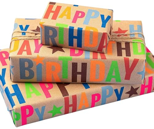 BIOBROWN Papier cadeau d'anniversaire, avec design de joyeux anniversaire coloré, papier kraft idéal pour l'emballage d'anniversaires et de fêtes | Inscription « Happy Birthday » colorée sur papier kraft pour anniversaires, fêtes et cadeaux pour tous les âges
