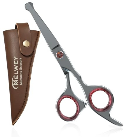 Melwey Mustache Scissors for Men 5.5 Inch – Premium Stainless Steel Mustache & Beard Trimming Scissors with Rounded Tips for Safe Precision Grooming, Nose, Eyebrow & Facial Hair Scissor (Red)