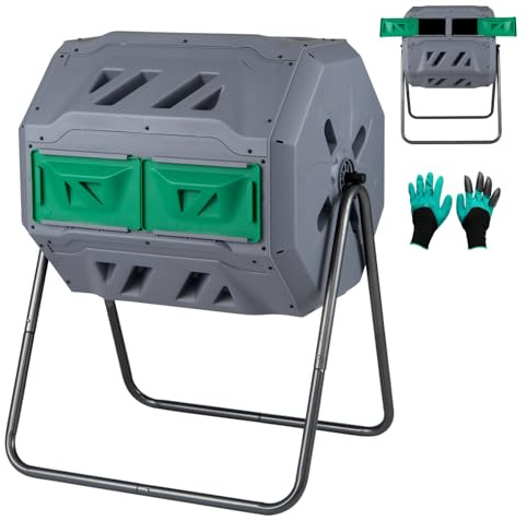 GiantexUK 160L Garden Tumbling Composter, Dual Chamber Compost Tumbler Bin with 2 Sliding Doors, Rotating Waste Bin Composting Tumbler (160L, Grey+Green)